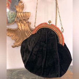 Black velvet& coral 1930s  purse, coral beading, gold handle Absolutely stunning